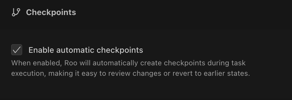 Checkpoint settings in Roo Code configuration