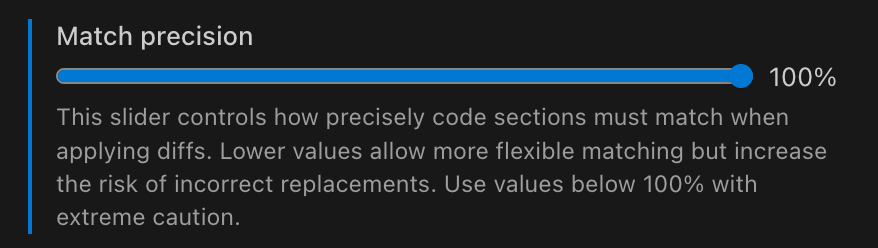 Roo Code settings showing Enable editing through diffs checkbox and Match precision slider